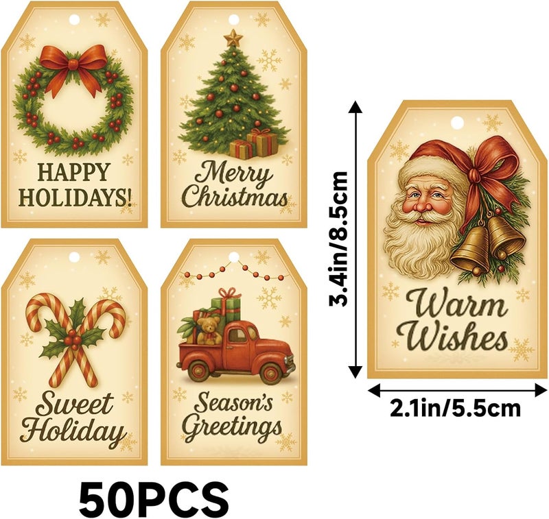 g2plus 50Pcs Christmas Tags for Gifts, 5 Designs Vintage Christmas Holiday Paper Gift Tags with String for Seasonal Wishes, DIY Crafts, Present Wrapping, Xmas Party Favors - Image 2